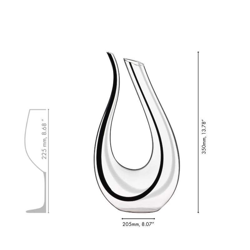 Tall teardrop glass wine decanter, clear body with dark amber base, size view