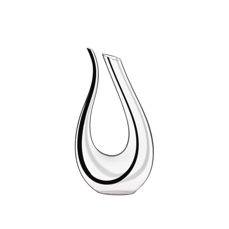 Teardrop glass wine decanter with clear body and dark amber base, upright front