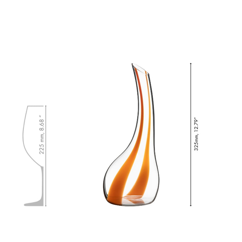 Riedel Cornetto Arancio glass decanter, tall tulip shape with orange spiral stripes