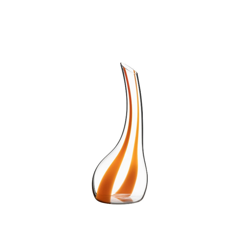 Riedel Cornetto Arancio glass decanter, angled view with orange and amber swirl