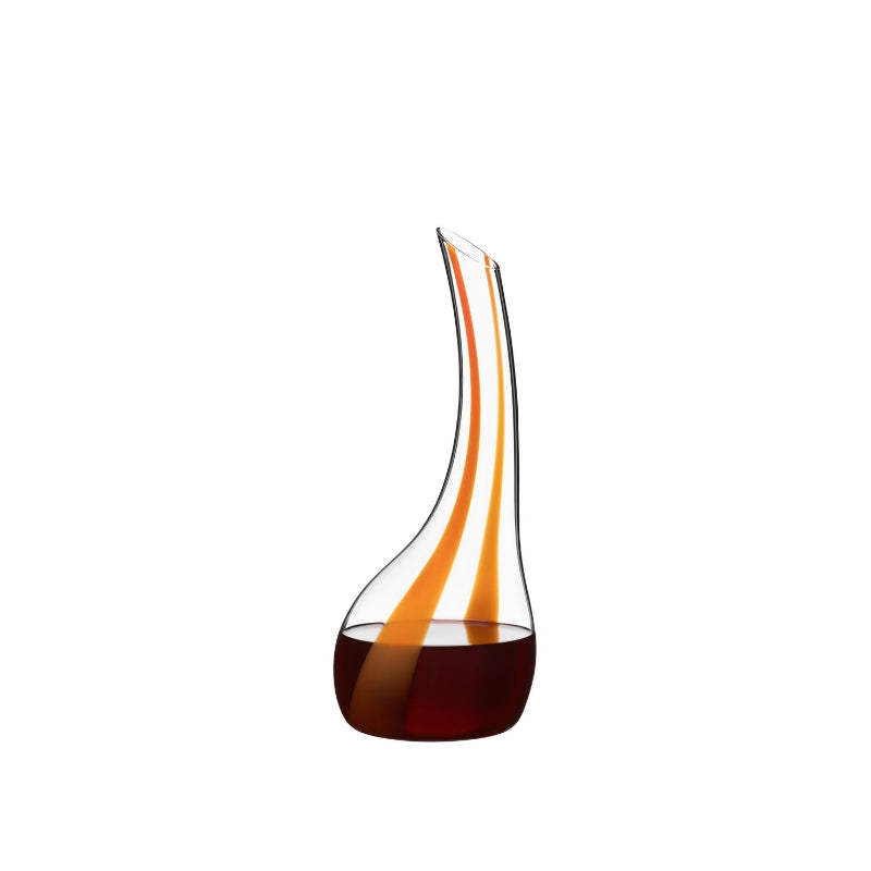 Riedel Cornetto Arancio glass decanter with orange spiral stripes and dark base