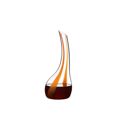 Riedel Cornetto Arancio glass decanter with orange spiral stripes and dark base
