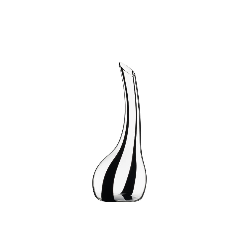 Onyx glass decanter with dark wine fill, smooth curved body and narrow mouth