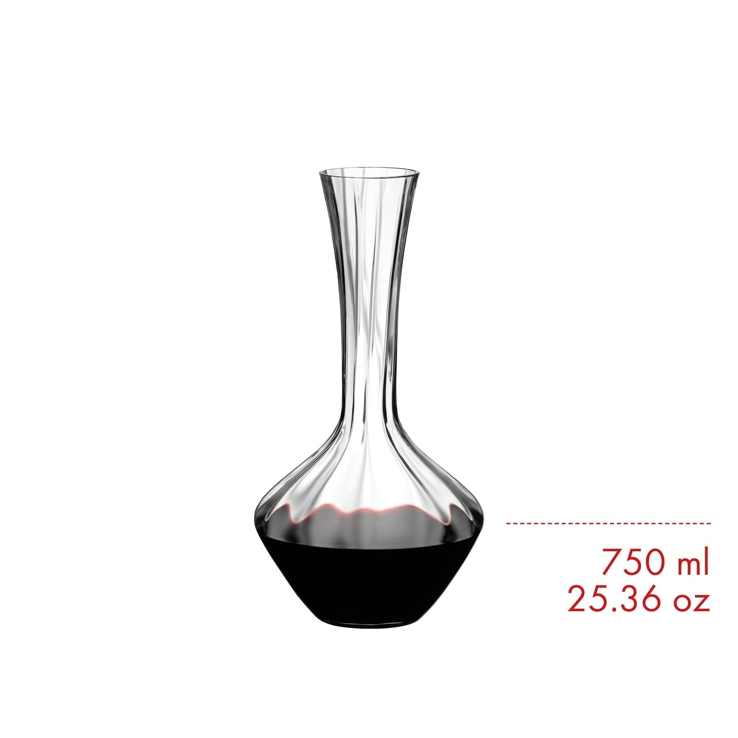 Clear glass decanter with long neck and dark red wine, 750 ml capacity