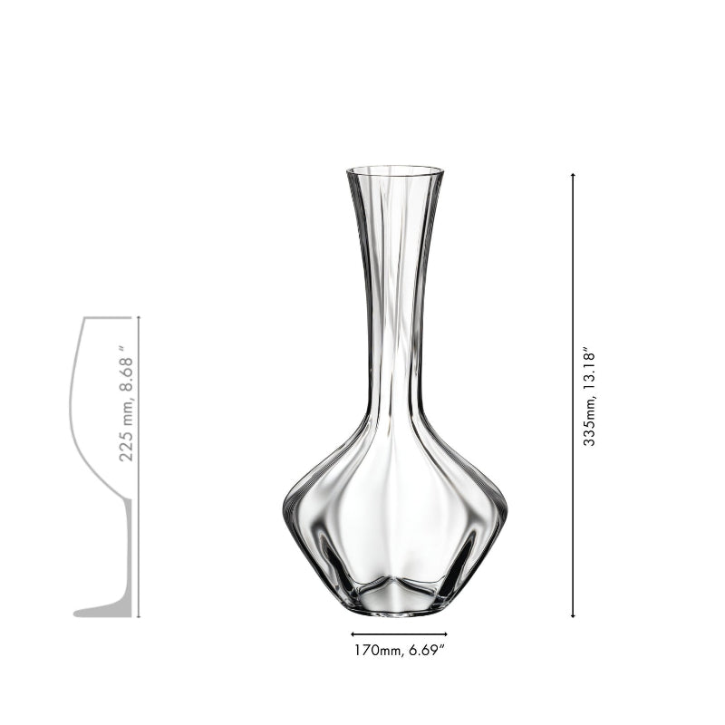 Clear glass decanter with long neck and rounded base, size dimensions shown