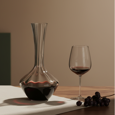 Clear glass decanter with long neck and dark red wine inside