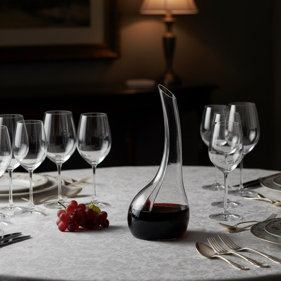 Onyx decanter with dark wine level, tall narrow neck, glossy clear glass