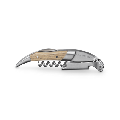 Corkscrew with wooden handle on a white background